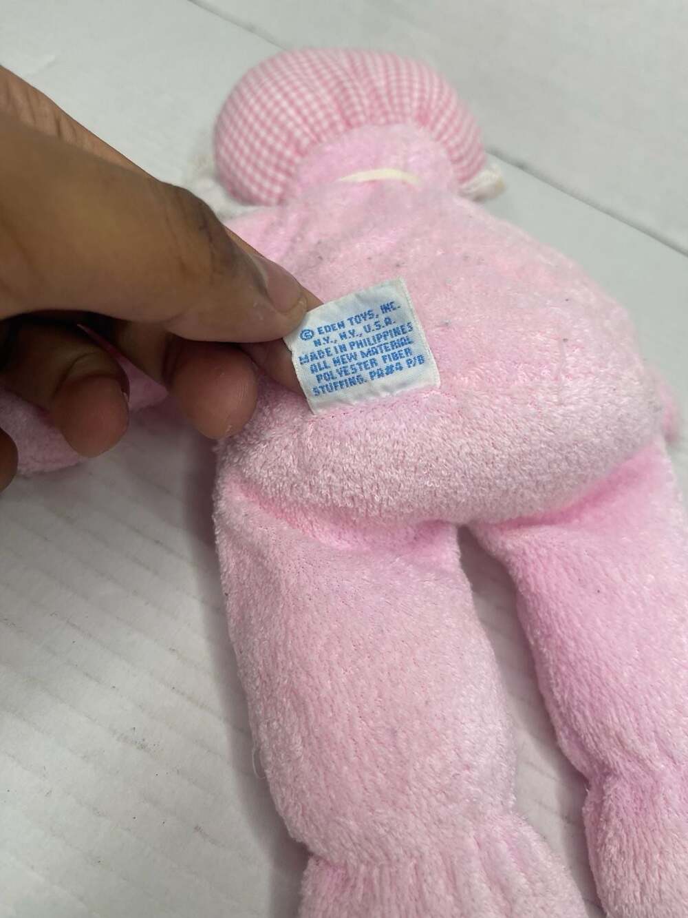 Vintage Eden Toys Pink Plush Terry Cloth Doll w/ Gingham Bonnet - Picture 4 of 6